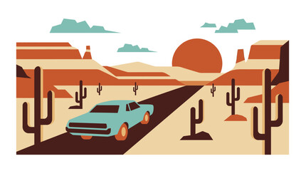 Naklejka premium Teal car driving down desert road with cacti at sunset a serene and peaceful scene of a vehicle traveling through arid landscape.