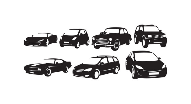 Selection of six different motor vehicle silhouettes displaying diverse car body types and automotive design styles.