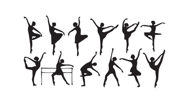 Set of black ballerina silhouettes in various dance poses isolated on white background for ballet graphic design.