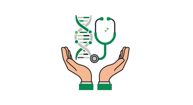 Hands protecting a DNA strand and a medical stethoscope symbol.