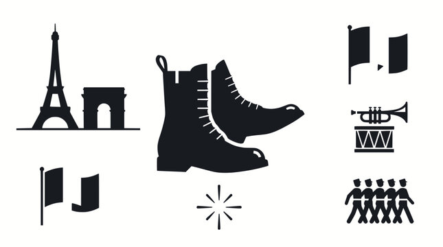 Parisian Icons: Eiffel Tower, Arc de Triomphe, Boots, Flags, Trumpet, Drum, Parade