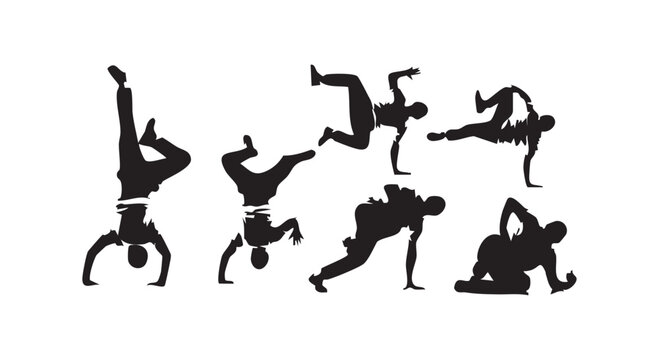 Set of breakdance performer silhouette collection showcasing dynamic hip hop street dance poses on white background.