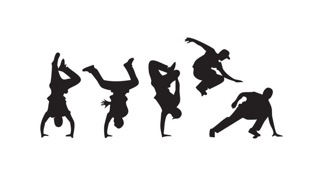 Set of breakdance performer silhouette collection featuring energetic street dance poses on plain white background.