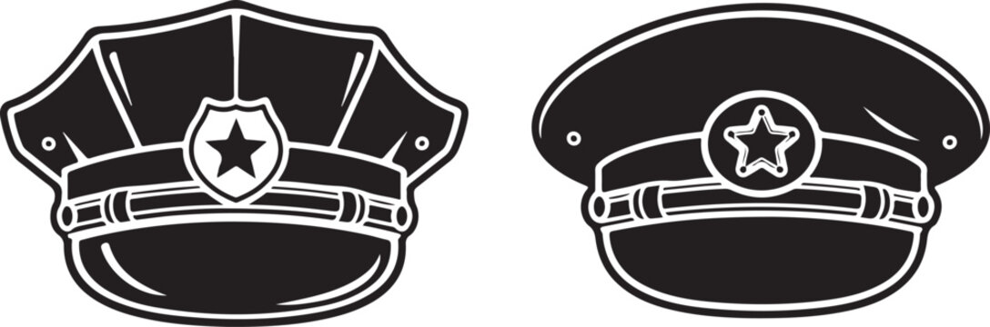 Police officer hat badges in black and white illustration