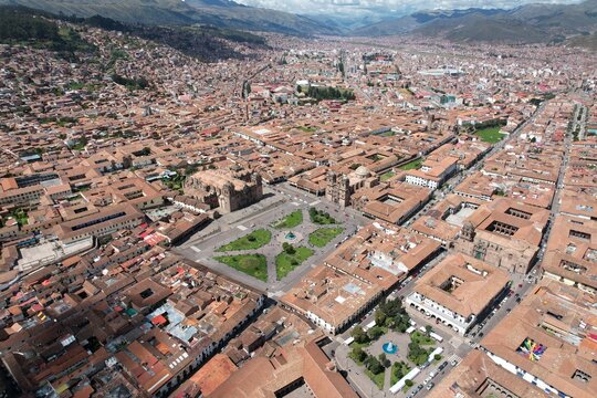 Aerial View of Plaza de Armas and Cusco Cathedral in Cusco Peru