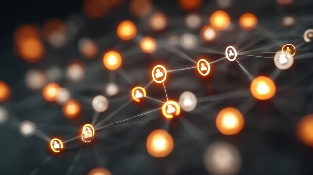 Abstract digital network with glowing connections and user icons in a dark background emphasizing connectivity and communication in modern technology