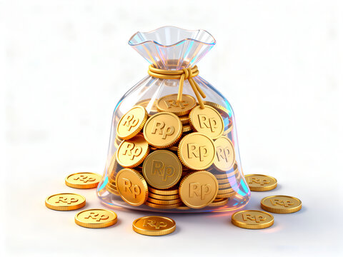 Conceptual 3D illustration of golden rupiah coins inside a transparent glass sack isolated on white background symbolizing Indonesian wealth and savings concept.