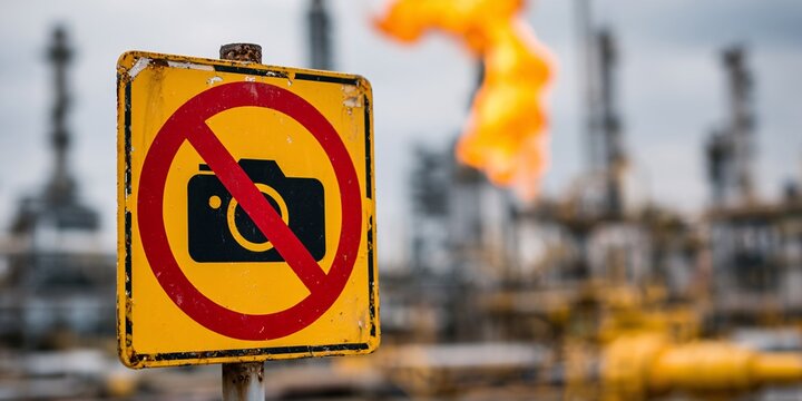 no photography sign at industrial plant with flare stack in background
