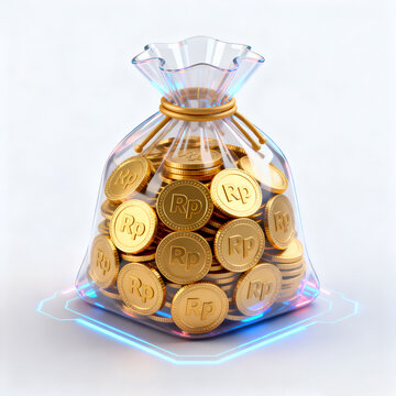 Conceptual 3D illustration of golden rupiah coins inside a transparent glass sack isolated on white background symbolizing Indonesian wealth and savings concept.