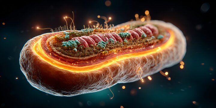 microbial cell with bacteria and organic structures under electron microscope