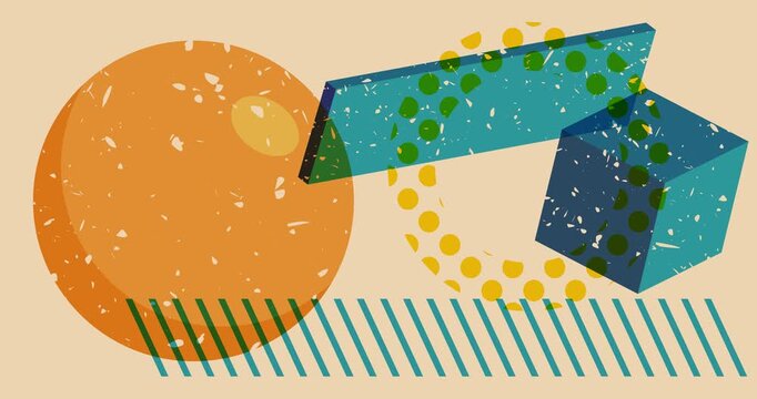 Colorful geometric shapes animation. Object in trendy riso graph design. Geometry elements abstract risograph texture style video.