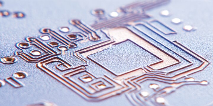 close-up of a microchip circuit board for electronics and technology