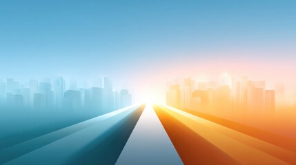 Fototapeta premium Abstract city skyline with vibrant blue and orange hues converging towards a bright light at the horizon, symbolizing new beginnings and opportunities
