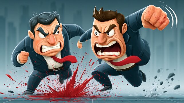 intense business clash with aggressive men fighting in suits and red tie in a dynamic urban scene