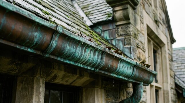 Aged copper gutter with striking verdigris patina streaks on a historic building's exterior roofline