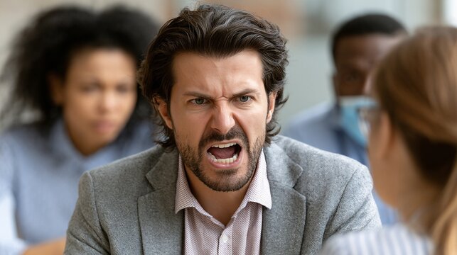 angry man yelling during conflict in office meeting
