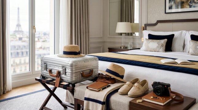 Elegant Luxury Hotel Suite in Paris with Eiffel Tower View and Travel Essentials