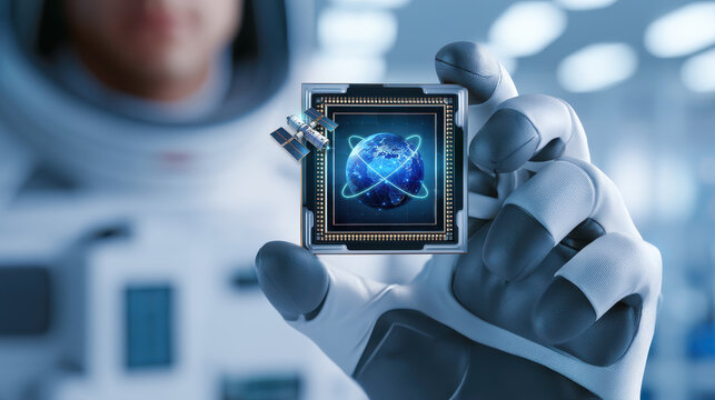 Futuristic astronaut holding microchip with glowing earth and orbital ring, high tech satellite close up, scientific innovation and exploration