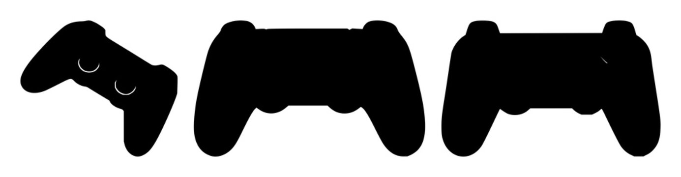 Game controller set with black silhouette on white background featuring gaming, electronics, iconography with entertainment and digital play