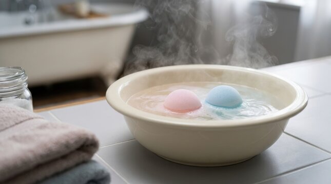Two smooth pastel colored bath bombs dissolving in steaming water within a basin, promoting relaxation and self-care