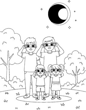 Family wearing safety glasses to watch solar eclipse coloring page