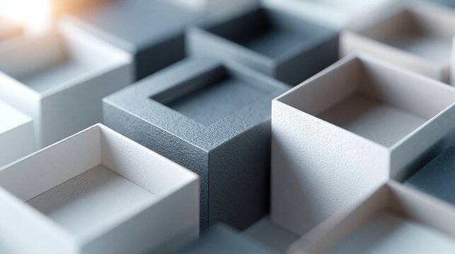Abstract geometric pattern of matte gray and white cubes creating a minimalist architectural background