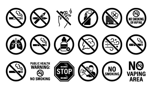 No Smoking and No Vaping Signs Icon Set: Minimalist Universal Prohibition Symbols for Public Health, Smoke-Free Zones, and Electronic Cigarette Restrictions