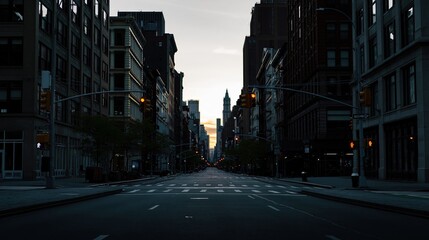 Obraz premium Empty city street at dusk with traffic lights and tall buildings, urban landscape