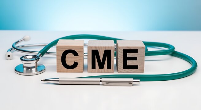 Stethoscope and pen with wooden cubes spelling CME for continuous medical education concept with bright background.