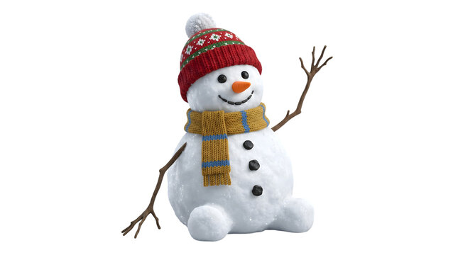 A happy snowman wearing a red winter hat and a yellow knitted scarf waving his hand to say hello during the festive christmas and holiday winter season celebration isolated on transparent background
