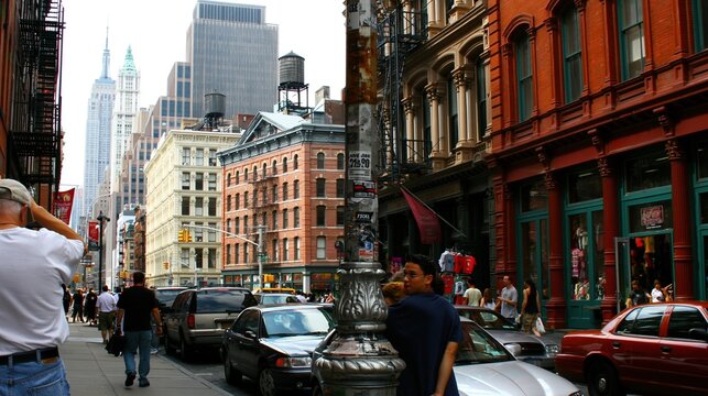 Busy city street with historic architecture, vehicles, and pedestrians on a sunny day
