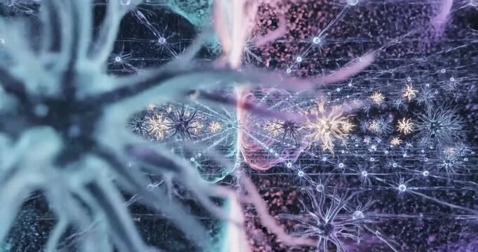 Abstract representation of a split brain showcasing neural connections and cosmic elements