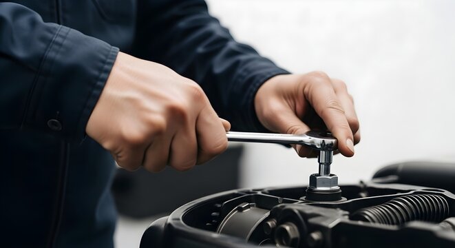 Hands Using a Wrench to Tighten a Bolt on Mechanical Equipment