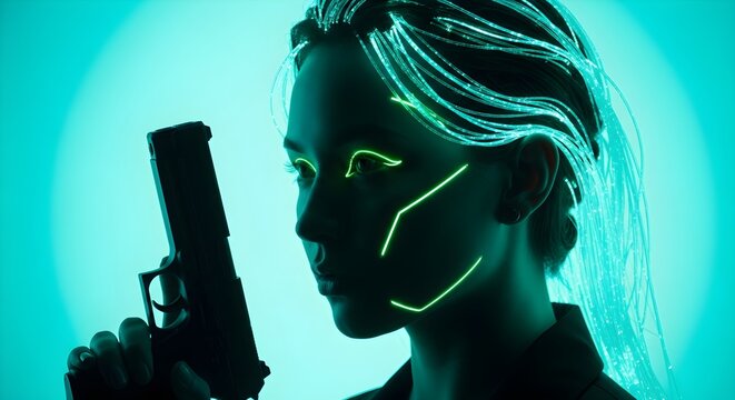 Futuristic Woman with Gun and Glowing Neon Lines in Teal Light