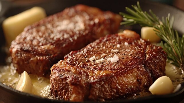 Juicy pan-seared beef steaks with garlic, rosemary, and butter in a cast iron skillet, ready to serve.