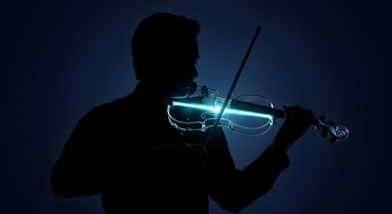 Fototapeta premium Silhouette of a Musician Playing a Glowing Violin in the Dark