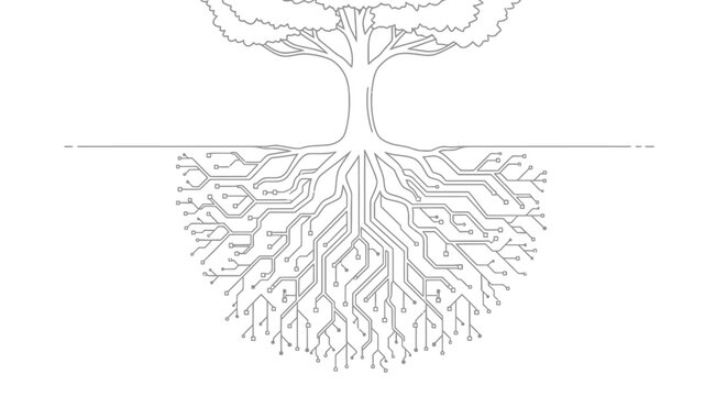 Digital Tree Roots with Circuitry Network and Branches Above Ground