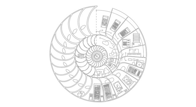Nautilus Shell Blueprint Design, Fibonacci Spiral, Organic Architecture Plan