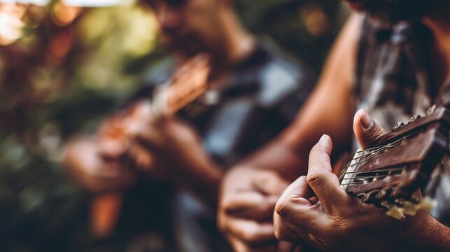 Friends playing acoustic guitars outdoors in natural light, creating music and enjoying summer leisure time together.