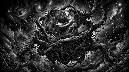 Fototapeta premium A dark, swirling vortex of gnarled branches and cosmic clouds, rendered in a dramatic monochrome style, evoking a sense of mystery and the unknown in a surreal, abstract space.
