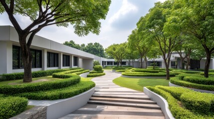 Obraz premium Serene and Modern Landscape Design Featuring Curved Pathways and Lush Greenery in a Tranquil Outdoor Space with Elegant Architecture