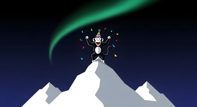 Monkey Wearing Party Hat Celebrating on Snowy Mountain Peak Under Aurora Borealis