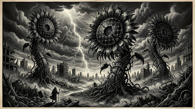 An ominous grayscale dark fantasy illustration captures a lone figure walking through a desolate, ruined city under a lightning storm, dwarfed by towering, monstrous sunflowers with eerie eyes.