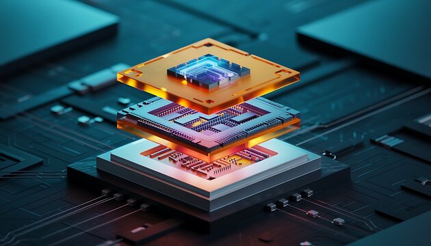 Advanced computer chip technology, intricate motherboard details, layers of processors and circuits, futuristic electronic components for high-performance computing, innovation.