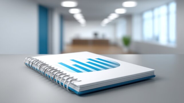 Business report notebook with blue chart graphic, modern office background, professional workspace, analytics, planning, and organization themes