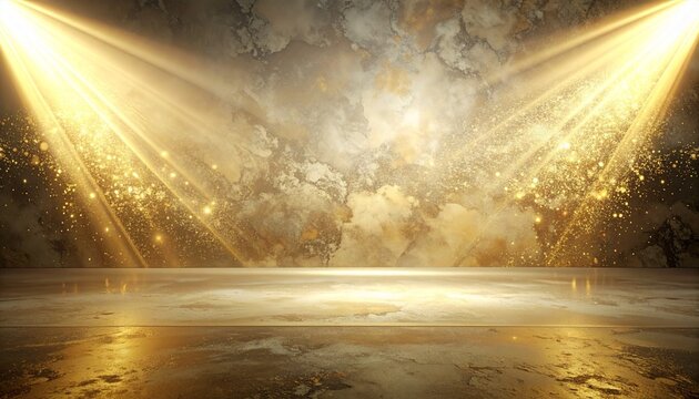 Golden Stage of Dreams: A radiant golden stage bathed in spotlight, promising a world of possibilities for performances and celebrations, capturing the allure and enchantment.