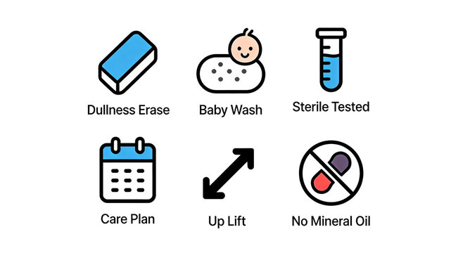 Erasers, baby and test tube icons represent the safety concepts of anti dullness, sterile and gentle, scientific care, and mineral oil free maternal and infant skincare products.
