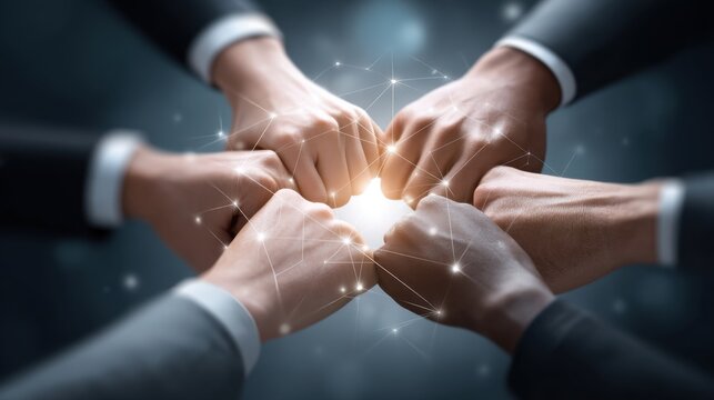 Collaborative Business Teamwork Concept with Multiple Hands Coming Together to Form a Bright Light in a Conceptual Background of Connectivity and Unity