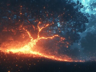 Fototapeta premium Enchanted Luminescence: A Mystical Tree Radiating Warmth in the Twilight Woods