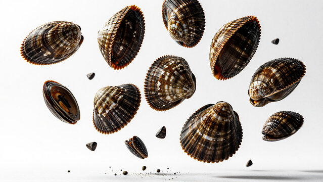 Ribbed clamshells floating mid-air, a dynamic seafood display